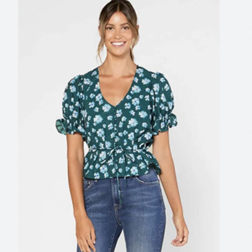 Outerknown Astral Floral Blouse Puff Sleeves in Green/Blue